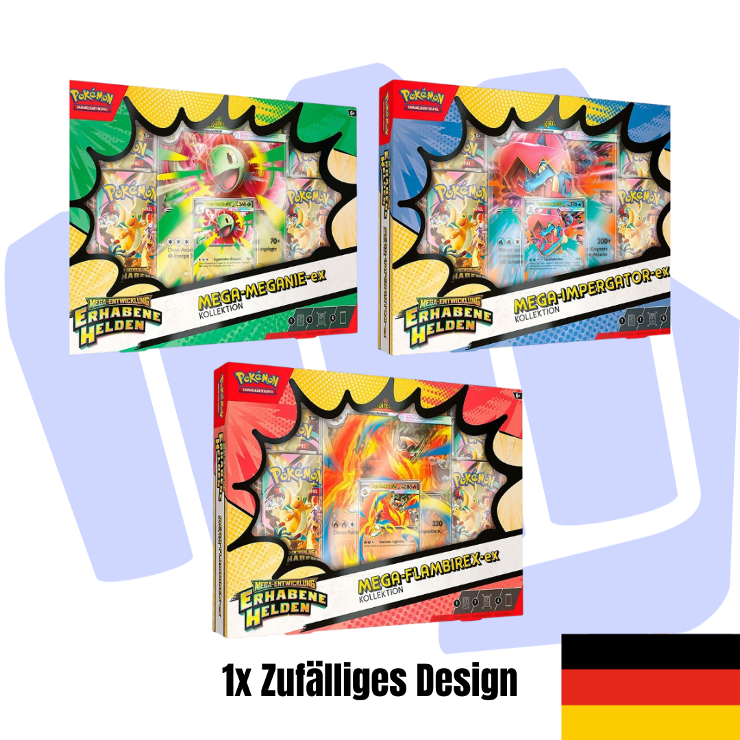 Pokemon Erhabene Helden EX Kollektion Deutsch (zufälliges Design;  Mega Meganie, Impergator oder Flambirex)